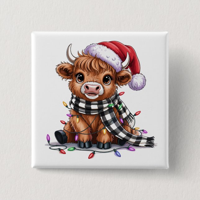 Weihnachtslicht Hochland-Kuh-Weihnachtsmannmütze Button (Vorderseite)