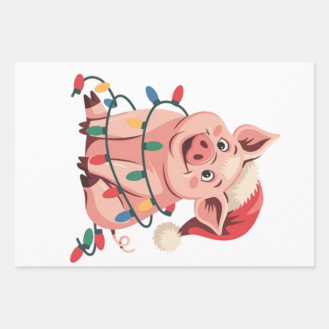 Weihnachtslicht Schwein mit Weihnachtshut - Pig Lo Geschenkpapier Set (Vorderseite)