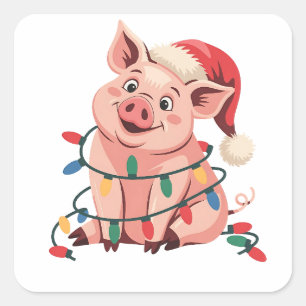 Weihnachtslichter Schwein mit Xmas Hut - Schwein L Quadratischer Aufkleber