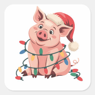 Weihnachtslichter Schwein mit Xmas Hut - Schwein L Quadratischer Aufkleber