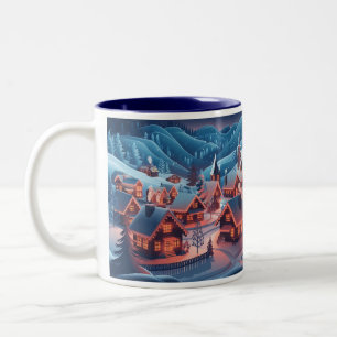 Weihnachtslichter Verzierten Schnee Bedeckten Dorf Zweifarbige Tasse