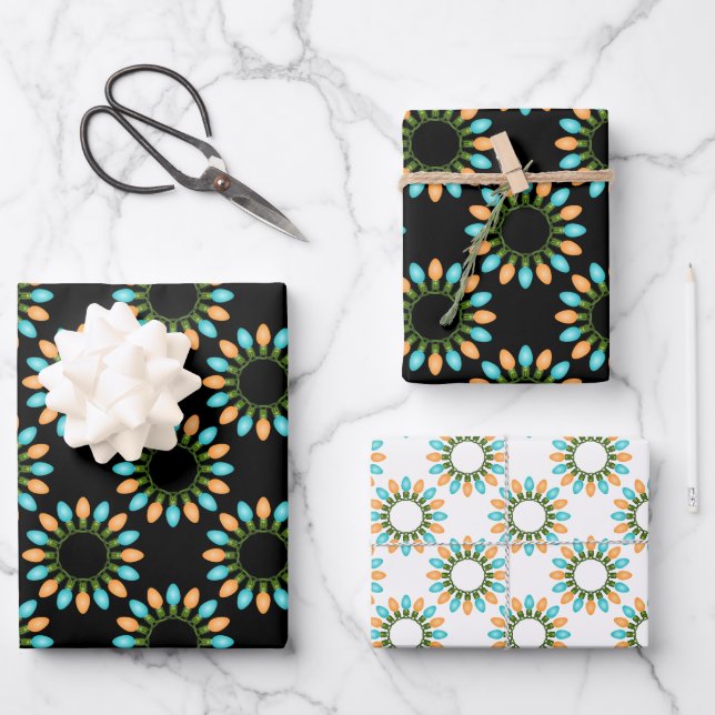 Weihnachtslichtkreise Muster Orange und Blau Geschenkpapier Set (Vorderseite)