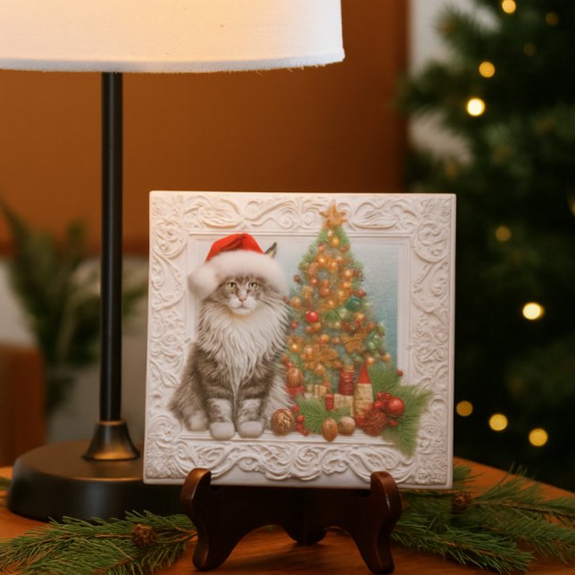 Weihnachtsliebhaber für Katzen geprägtes Weihnacht Fliese (Festive ceramic tile with Santa cat and tree perfect for holiday desks, gifts, and cozy décor.)