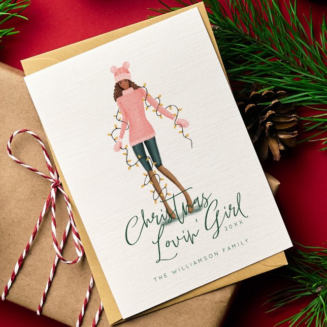 Weihnachtslieder im Wasser Feiertagskarte (Watercolor Christmas Lovin' Girl Wrapped In Lights Holiday Card)