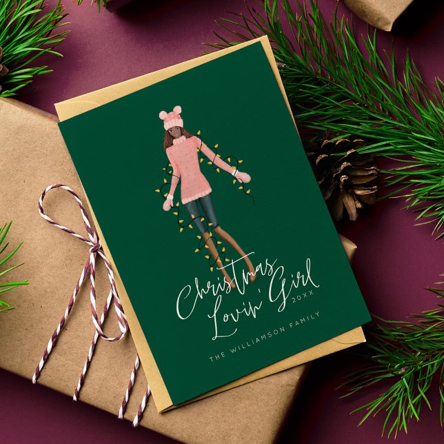 Weihnachtslieder im Wasser Feiertagskarte (Watercolor Christmas Lovin' Girl Wrapped In Lights Holiday Card)