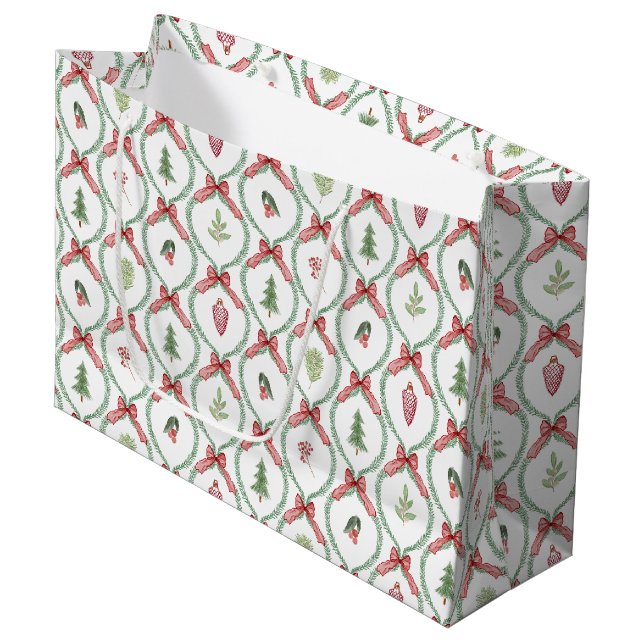 Weihnachtslieder Rotkehlchen-Ornamente und Blattwe Große Geschenktüte (Vorderseite Schrägansicht)