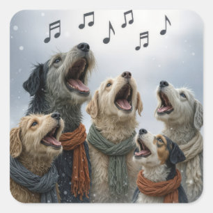Weihnachtslieder singende Hunde in Schneeflocken Quadratischer Aufkleber