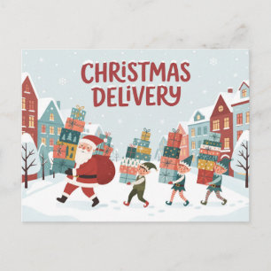 "Weihnachtslieferung" Weihnachtsmann und Elfen mit Postkarte