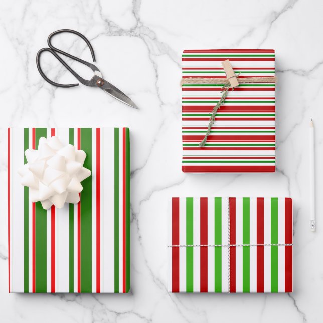 Weihnachtslines in Rot, Weiß, Grün Geschenkpapier Set (Vorderseite)