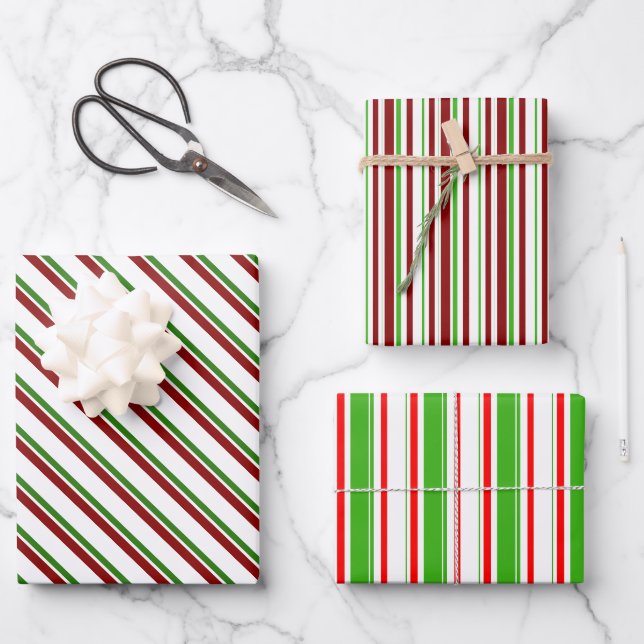 Weihnachtslinien grün, weiß, rot farbig geschenkpapier set (Vorderseite)