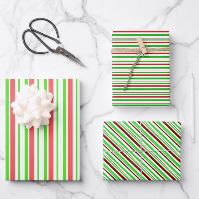 Weihnachtslinien grün, weiß, rot farbig geschenkpapier set (Vorderseite)