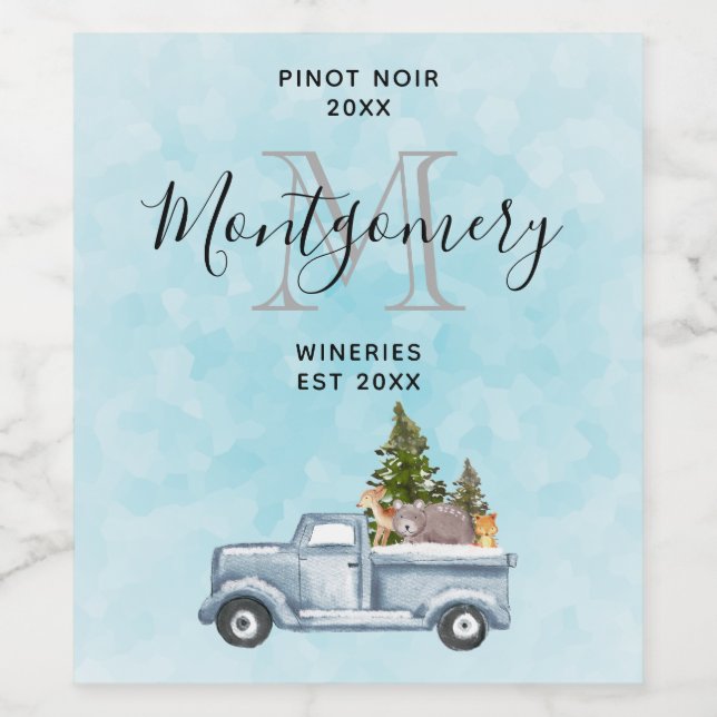Weihnachtslkw mit Niedlichen Tieren Weinbau Weinetikett (Einzelnes Label)