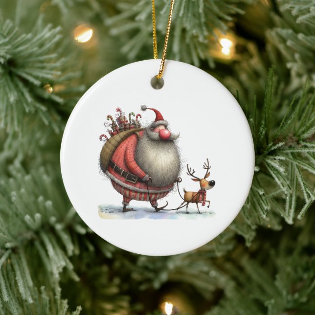 Weihnachtslustige mit einem Rentier und Geschenke  Keramik Ornament (Baum)