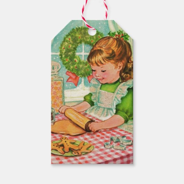 Weihnachtsmädchen der 1950er Jahre backen Cookies Geschenkanhänger (Vorderseite)