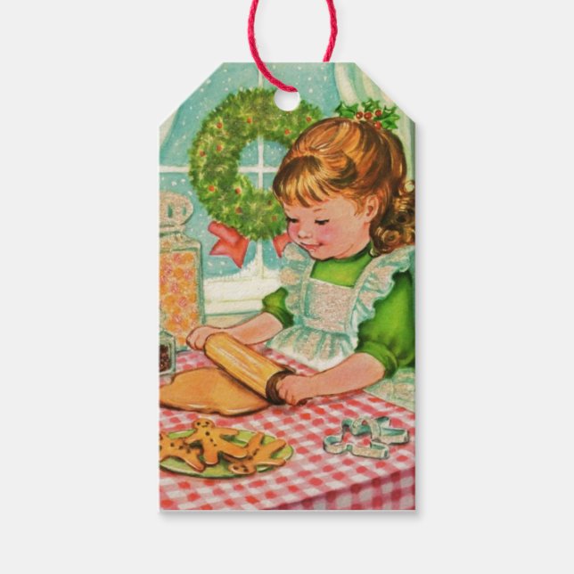 Weihnachtsmädchen der 1950er Jahre backen Cookies Geschenkanhänger (Vorderseite)