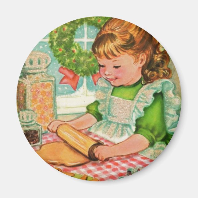 Weihnachtsmädchen der 1950er Jahre backen Cookies Magnet (Vorne)