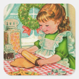 Weihnachtsmädchen der 1950er Jahre backen Cookies Quadratischer Aufkleber