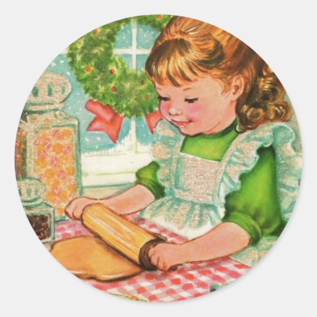 Weihnachtsmädchen der 1950er Jahre backen Cookies Runder Aufkleber (Vorderseite)