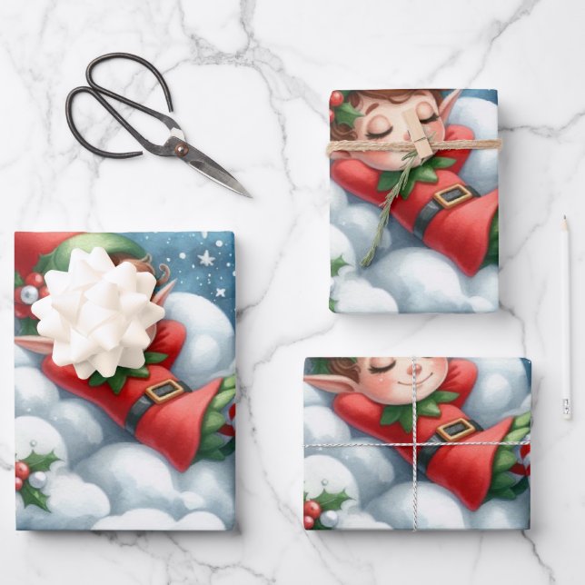 Weihnachtsmädchen Elf Schlafen auf einer Wolke Geschenkpapier Set (Vorderseite)
