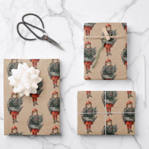 Weihnachtsmädchen & Holly Berries Kraft Geschenkpapier Set
