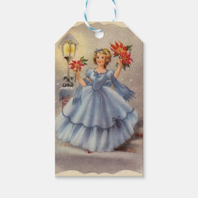 Weihnachtsmädchen in blauem Kleid Geschenkanhänger (Vorderseite)
