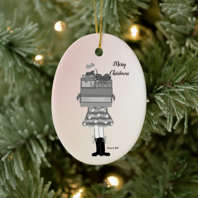 Weihnachtsmädchen in Schwarz und Weiß Keramik Ornament (Baum)