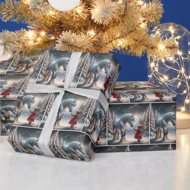 Weihnachtsmädchen mit Apfelpferd Geschenkpapier (Feiertage)