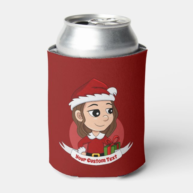 Weihnachtsmädchen mit braunem, gewelltem Haar Dosenkühler (Kanne Vorderseite)