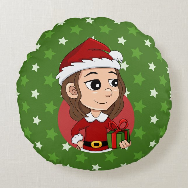 Weihnachtsmädchen mit braunem, gewelltem Haar Rundes Kissen (Vorderseite)