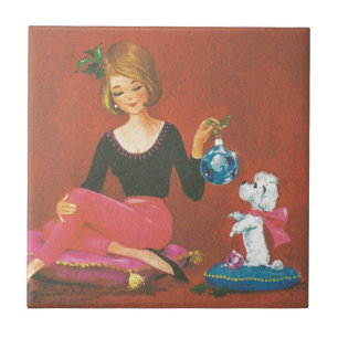 Weihnachtsmädchen mit französischem Poodle Fliese