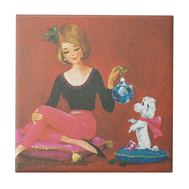 Weihnachtsmädchen mit französischem Poodle Fliese (Vorderseite)