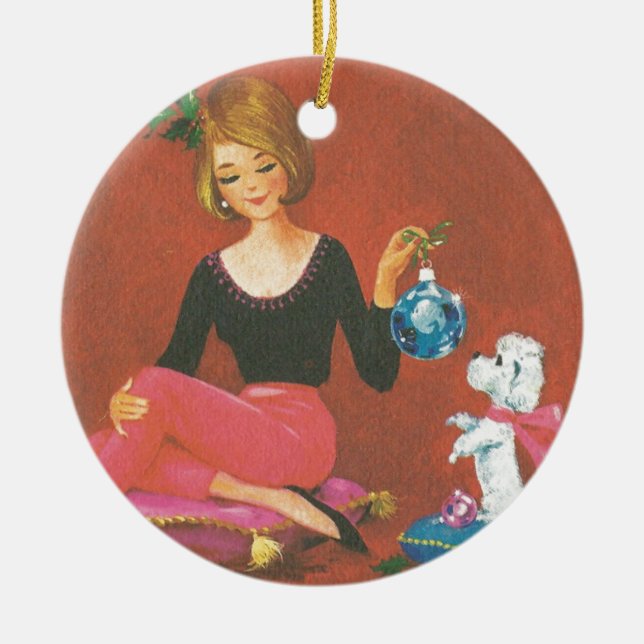 Weihnachtsmädchen mit französischem Poodle Keramikornament (Vorne)