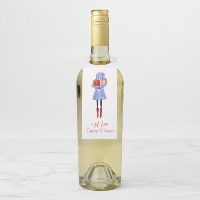 Weihnachtsmädchen mit Geschenken Flaschenanhänger (Auf Flasche)