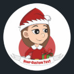 Weihnachtsmädchen mit langbraunem Cartoon Runder Aufkleber<br><div class="desc">Weihnachtsaufkleber mit einer Illustration eines niedlich lächelnden glücklichen Mädchens mit langen braunen Haaren, trägt das Mädchen ein Weihnachtskostüm mit einem roten Hut und hält ein Geschenk. Auf weißem Hintergrund. Mit einer anpassbaren Textvorlage für Ihren Namen oder Ihre Nachricht. Machen Sie Ihre Ferienzeit in diesem Jahr noch etwas ganz Besonderes, indem...</div>