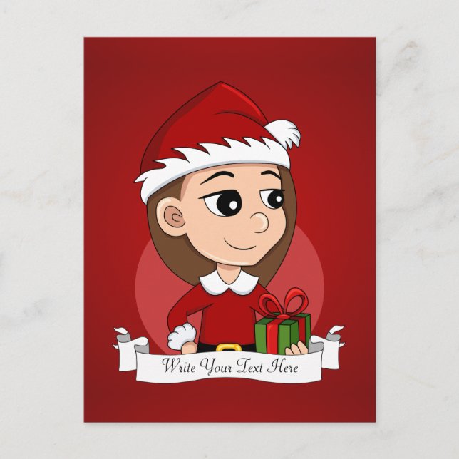 Weihnachtsmädchen mit langen braunen Haaren Feiertagspostkarte (Vorderseite)