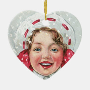 Weihnachtsmädchen mit Paket - Herz Keramik Ornament