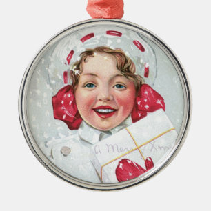 Weihnachtsmädchen mit Paket Silbernes Ornament