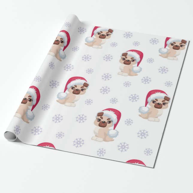 Weihnachtsmädchen Mops Santa Pattern Geschenkpapier (Ungerollt)