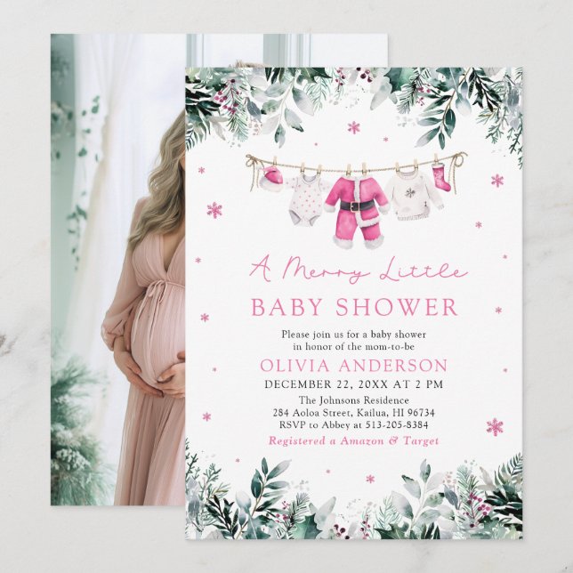 Weihnachtsmädchen Pink eine süße kleine Babydusche Einladung (Vorne/Hinten)