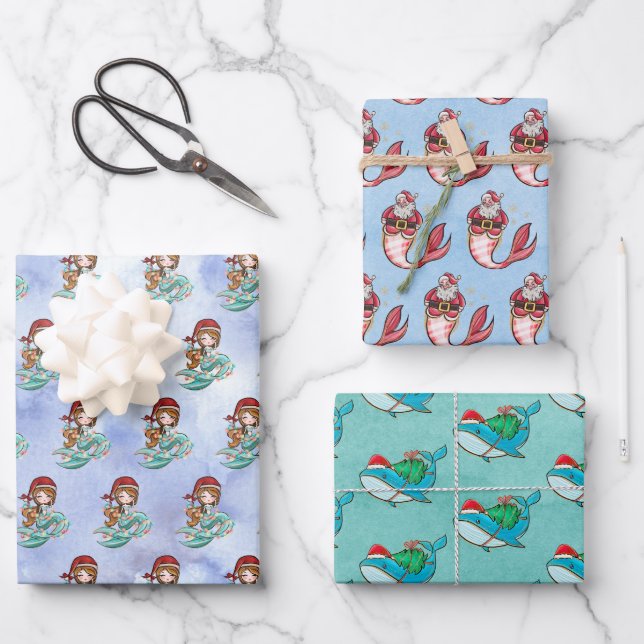 Weihnachtsmädchen Santa Whale Wasserfarbe Geschenkpapier Set (Vorderseite)
