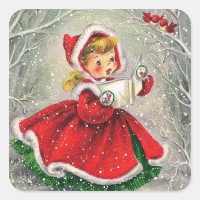 Weihnachtsmädchen singen zu Vögeln Quadratischer Aufkleber (Vorderseite)