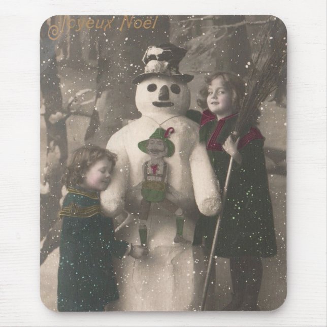 Weihnachtsmädchen und Snowman Vintages Foto Mousepad (Vorne)