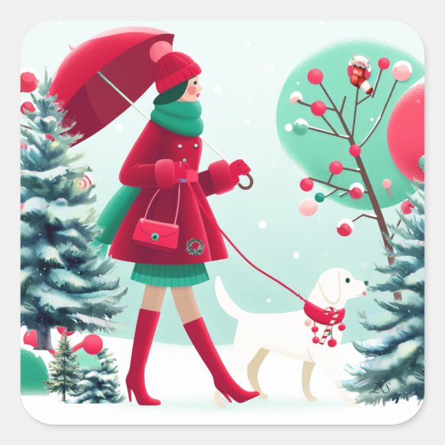 Weihnachtsmädchen Walking Dog Quadratischer Aufkleber (Vorderseite)