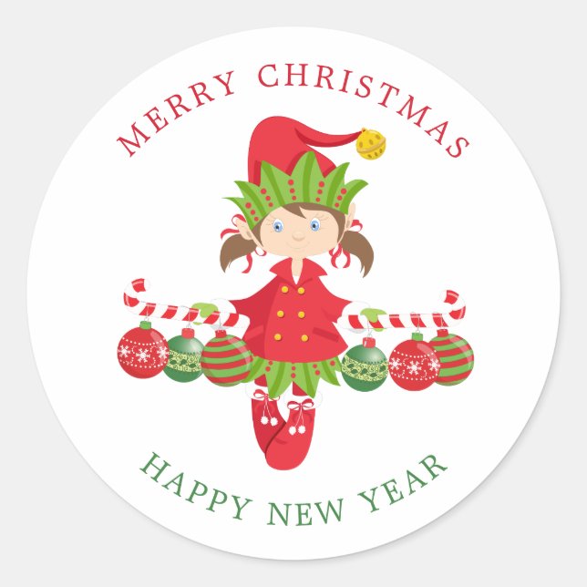 Weihnachtsmädel Elf Runder Aufkleber (Vorderseite)