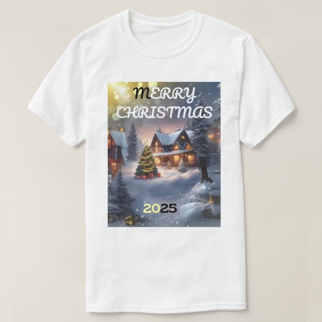 Weihnachtsmagie: Ein leuchtendes Winterdorf T-Shirt (Design vorne)