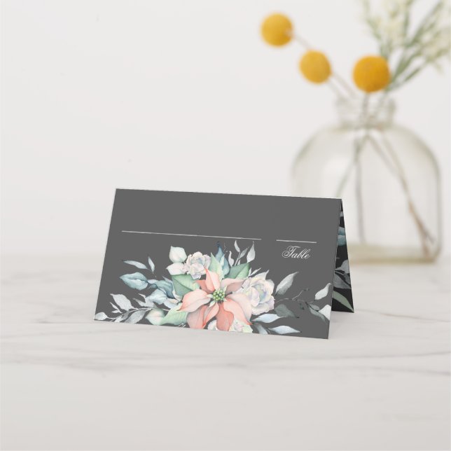 Weihnachtsmagie | Grau | Poinsettia Wedding Platzkarte (Vorderseite)