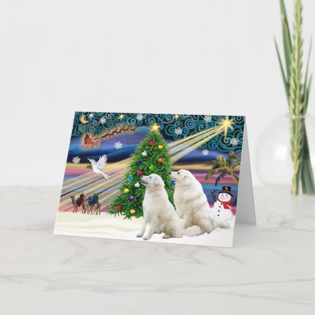 Weihnachtsmagie Kuvasz (zwei) Feiertagskarte (Vorderseite)