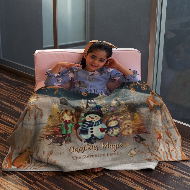 Weihnachtsmagie mit Snowman und Freunden Fleecedecke ( Cute animals and kids Christmas blue Fleece Blanket  girl mockup)