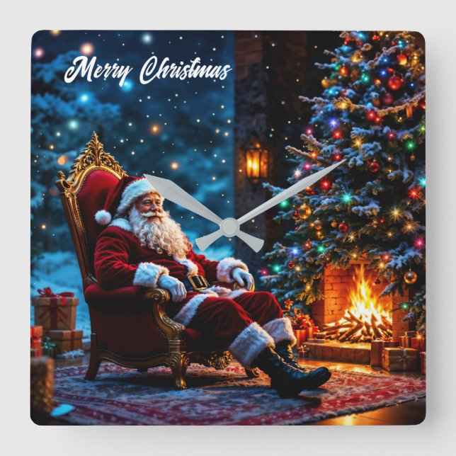 Weihnachtsmagie Santa Claus gemütlicher Kamin Quadratische Wanduhr (Vorderseite)