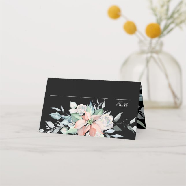 Weihnachtsmagie | Schwarz | Poinsettia Wedding Platzkarte (Vorderseite)